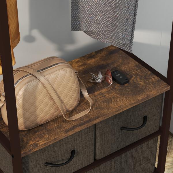 Suporte para Cabides com 3 Gavetas de Tecido Barra para Pendurar e Prateleira para Entrada Quarto 58,5x30x178 cm Castanho Rústico