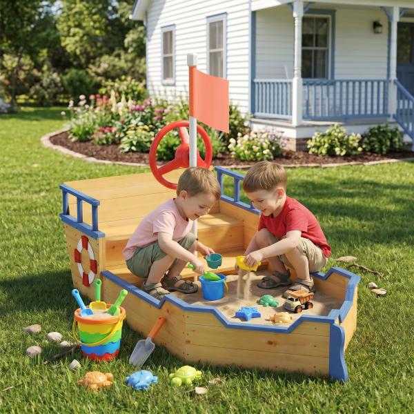 Caixa de Areia Infantil de Madeira Desenho de Galeão com Assento 2 Degraus Bandeira Vermelha e Leme Caixa de Areia de Jardim para Crianças acima de 3 Anos 158x78x45,5cm Natural