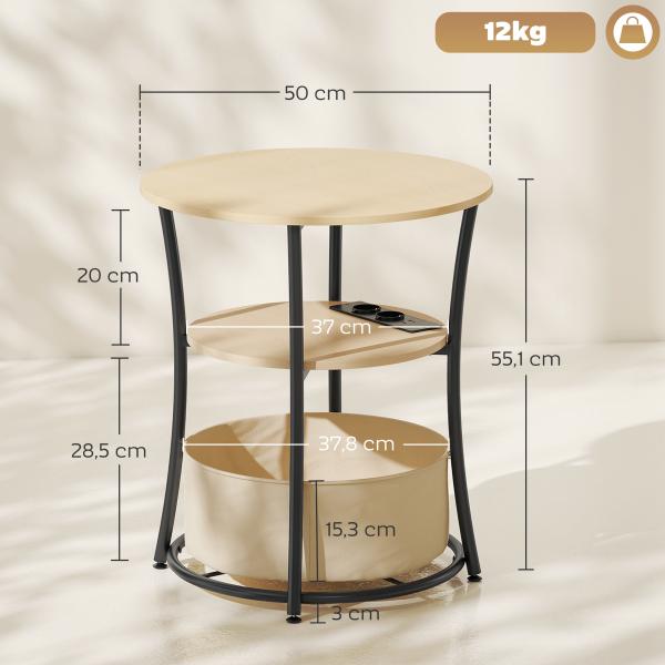 Mesa Auxiliar Redonda de 3 Níveis com Estação de Carregamento Mesa Auxiliar Industrial com 2 Prateleiras Abertas Ø50x55,1 cm Madeira e Preto