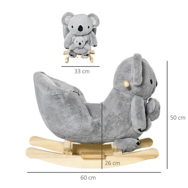Baloiço Infantil com Forma de Coala com Fantoche para Bebés 18 - 36 Meses com Som Cinto de Segurança e Apoio para os Pés 60x33x50cm Cinza
