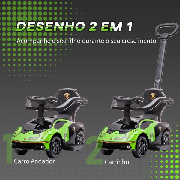 2 em 1 Carro Andador para Crianças 12 - 36 Meses Lamborghini Essenza SCV2 Carro Andador com Buzina Guiador e Grade de Segurança Removível 86,5x40x89,5cm Verde e Preto