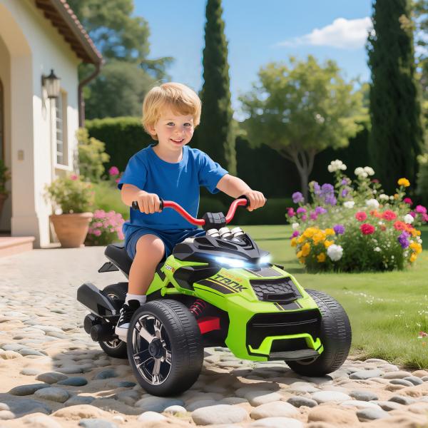 Quadricilo Elétrico para Crianças 12V com 2 Motores Velocidade até 5 km/h 3 Rodas Faróis Buzina Música 113x74x63 cm Verde