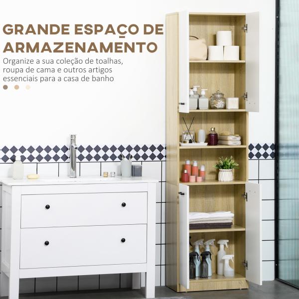 Coluna Casa de Banho Armário Alto Casa de Banho com 4 Portas 2 Prateleiras Abertas e Ajustáveis 53x33,5x195,7 cm Branco e Madeira