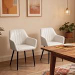 Conjunto de 2 Cadeiras de Sala de Jantar Estofadas em Linho com Encosto e Pés de Metal 59,5x56,5x81 cm Bege Claro