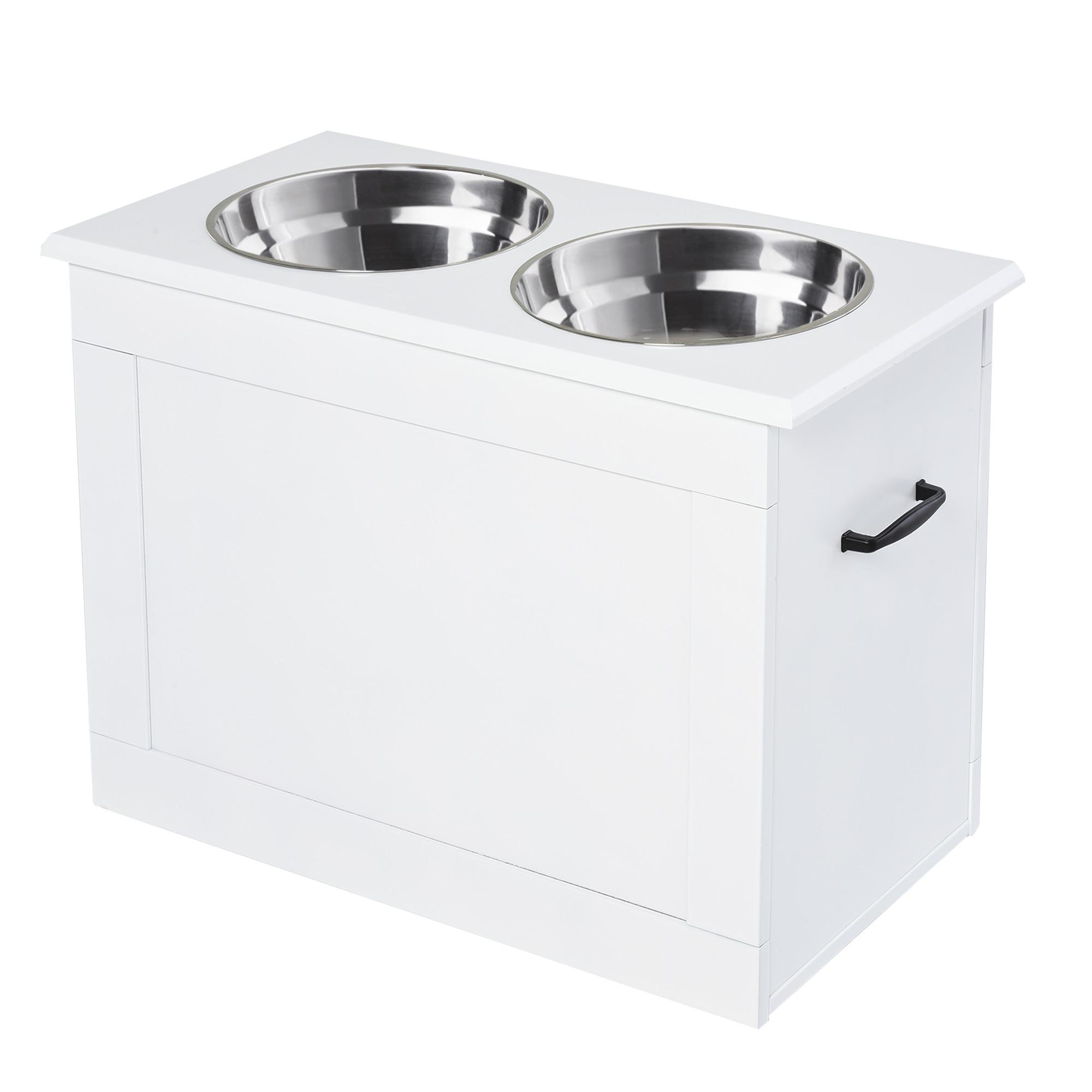 Comedouro Elevado para Cães com 2 Tigelas de Aço Inoxidável e Espaço de Armazenamento Oculto 60x30x41 cm Branco