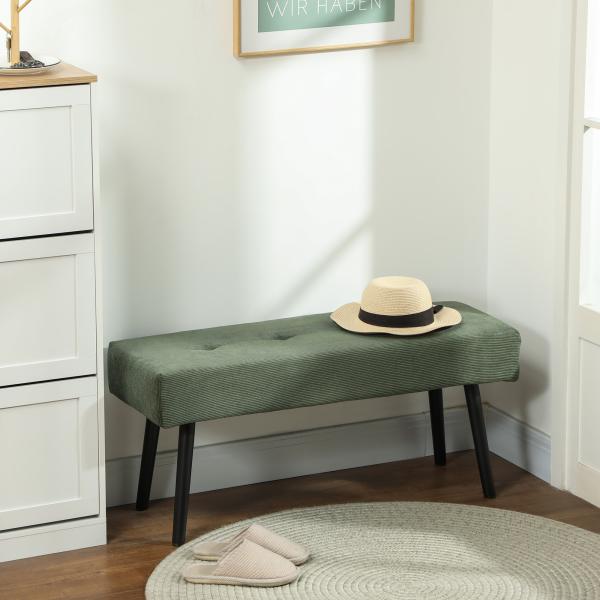 Banco de Pé de Cama em Bombazina com Assento Acolchoado, Design Capitoné e Pernas de Aço para Quarto Branco Verde