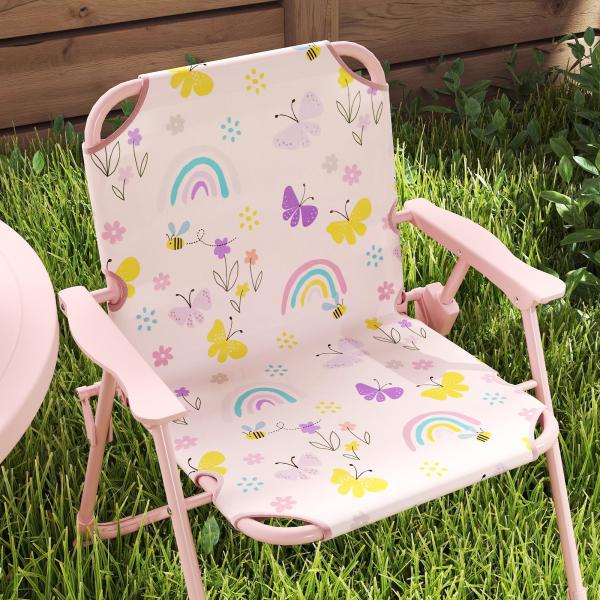 Conjunto de Mesa e Cadeiras para Crianças de Jardim com Cadeiras Dobráveis Chapéu de Sol Ajustável e Desenho de Raposas Rosa