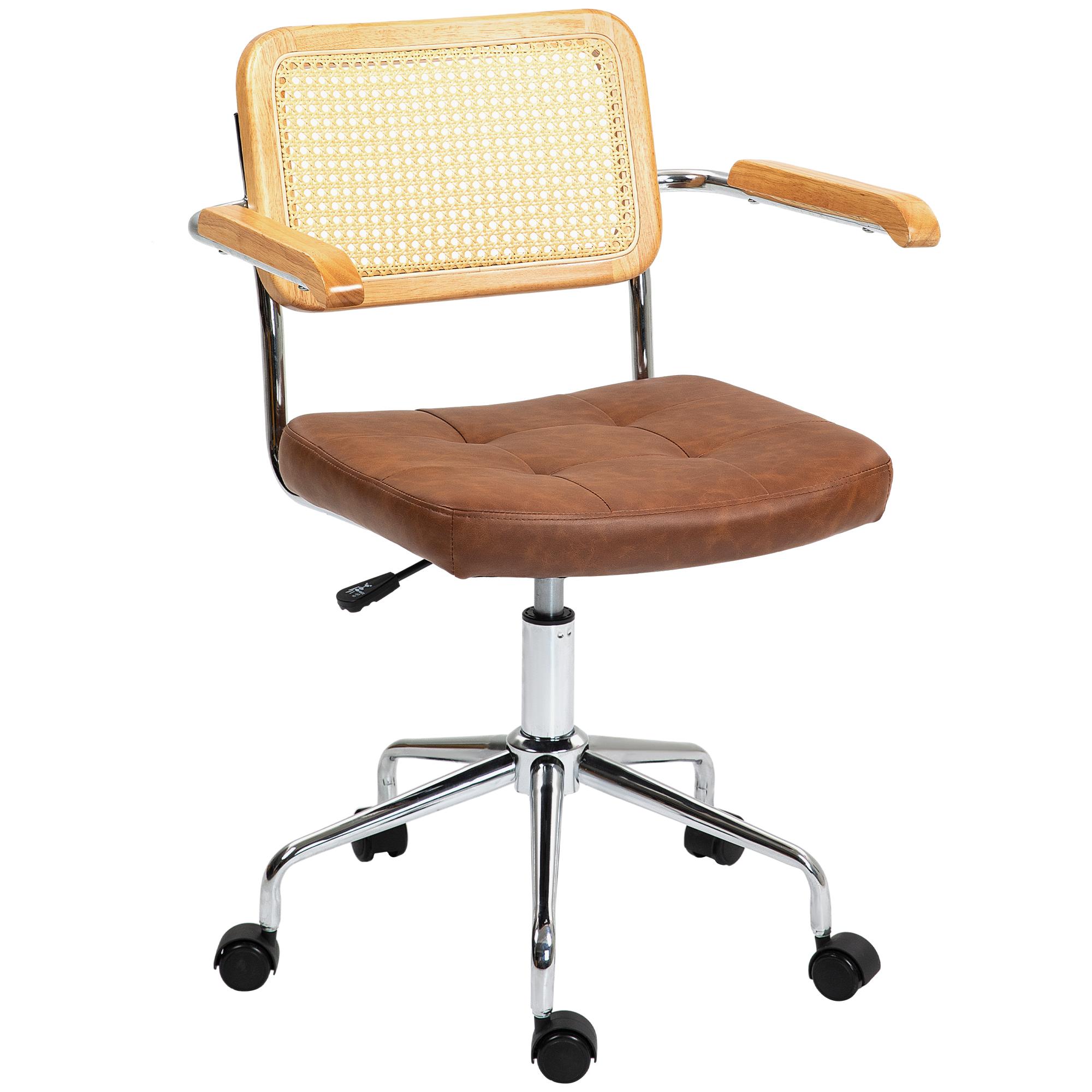 Cadeira de Escritório Giratória com Altura Ajustável Função Basculante e Encosto de Vime Sintético 60x55,5x82 - 90 cm Marrom