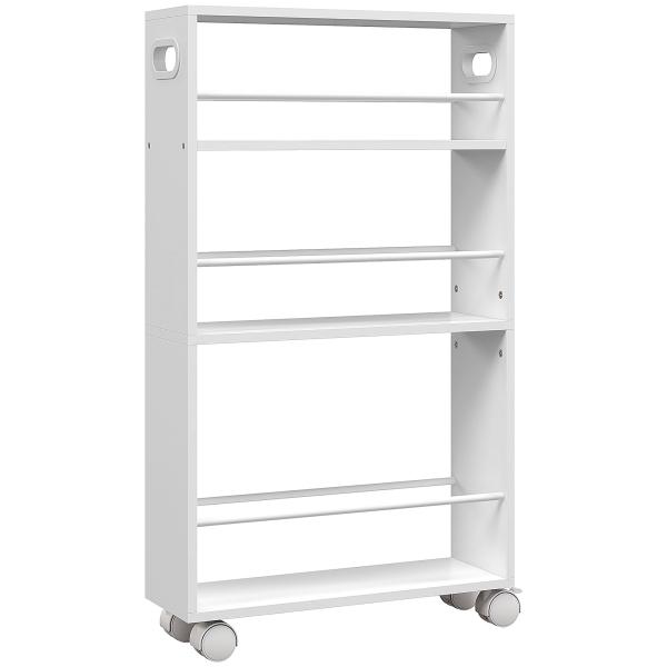 Estante de Casa de Banho com Rodas Carrinho Auxiliar de 3 Níveis com Barras Laterais e Alças 45x15x80 cm Branco