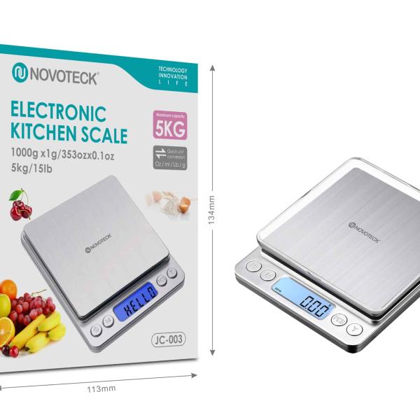 Balança de Cozinha Digital Novoteck JC - 003 - Alta Precisão, Design em Aço Inoxidável, Capacidade de 5 kg/15 lb