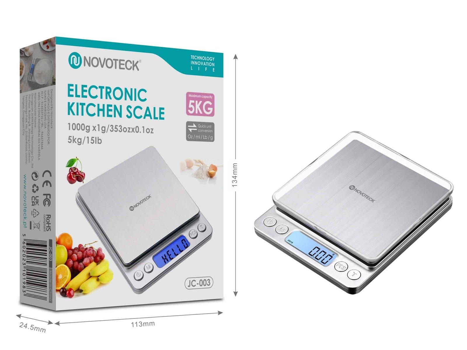 Balança de Cozinha Digital Novoteck JC-003 - Alta Precisão, Design em Aço Inoxidável, Capacidade de 5 kg/15 lb