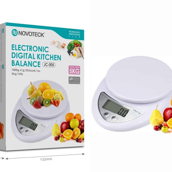 Balança Digital de Cozinha Novoteck JC-005 – Design Moderno, Capacidade 5kg, Função Tara, Display de Fácil Leitura