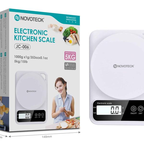 Balança de Cozinha Digital Novoteck JC-006 - Capacidade 5kg, Precisão de 1g, Função Tara, Display LCD, Design Moderno em Branco