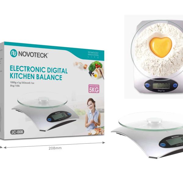 Balança de Cozinha Digital Novoteck JC - 008 - Capacidade 5kg, Precisão 1g, Display LCD Iluminado, Plataforma de Vidro, Função Tara