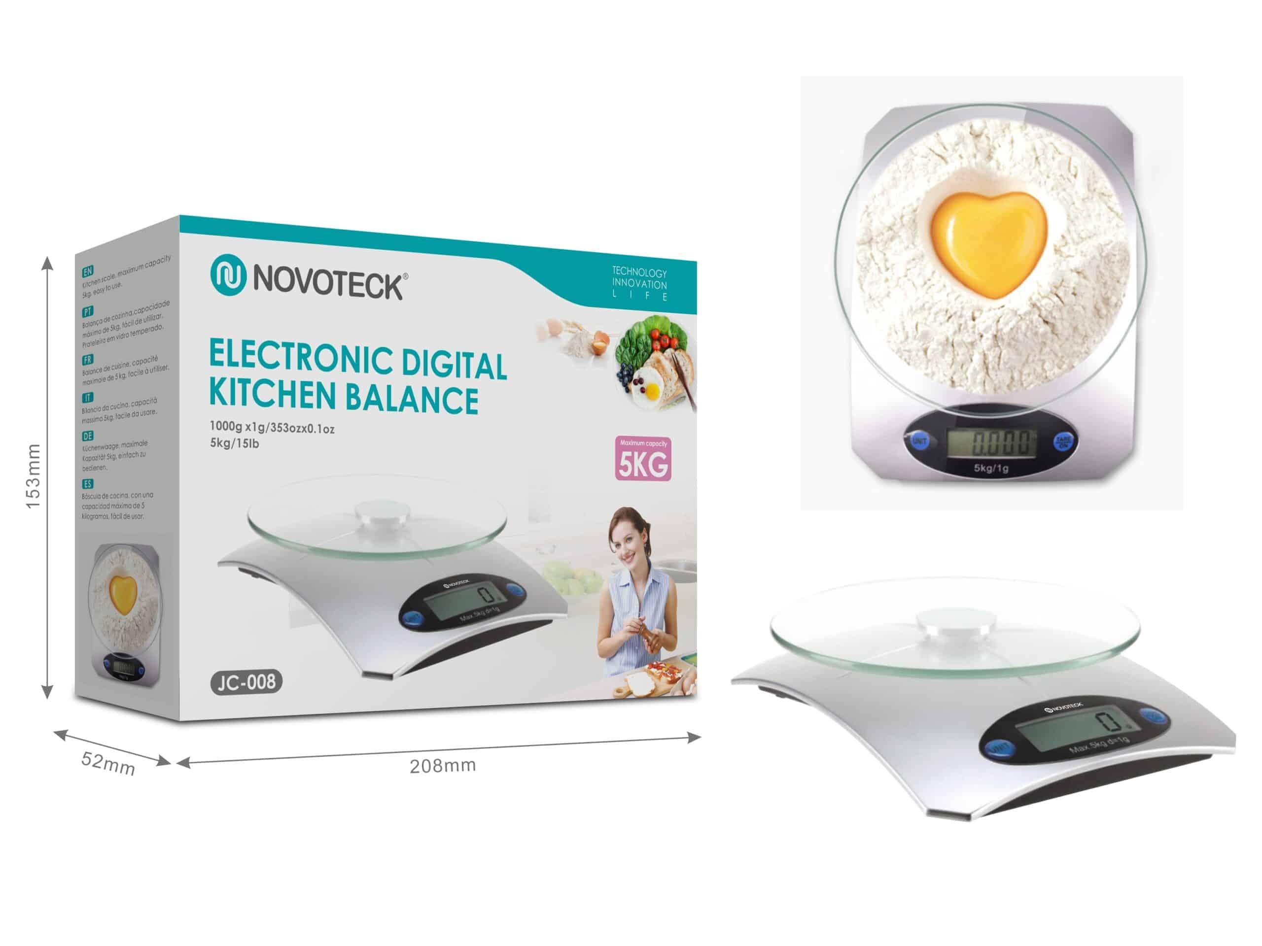 Balança de Cozinha Digital Novoteck JC - 008 - Capacidade 5kg, Precisão 1g, Display LCD Iluminado, Plataforma de Vidro, Função Tara