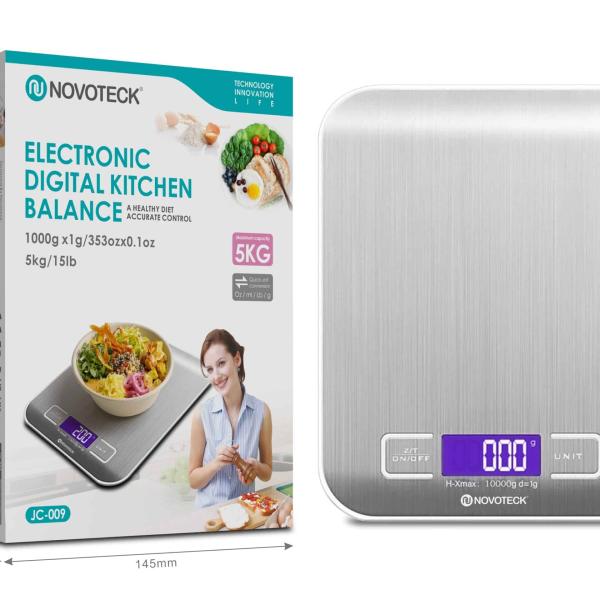 Balança de Cozinha Digital Novoteck JC - 009 - Alta Precisão, Design em Aço Inoxidável, Capacidade de 5 kg/15 lb