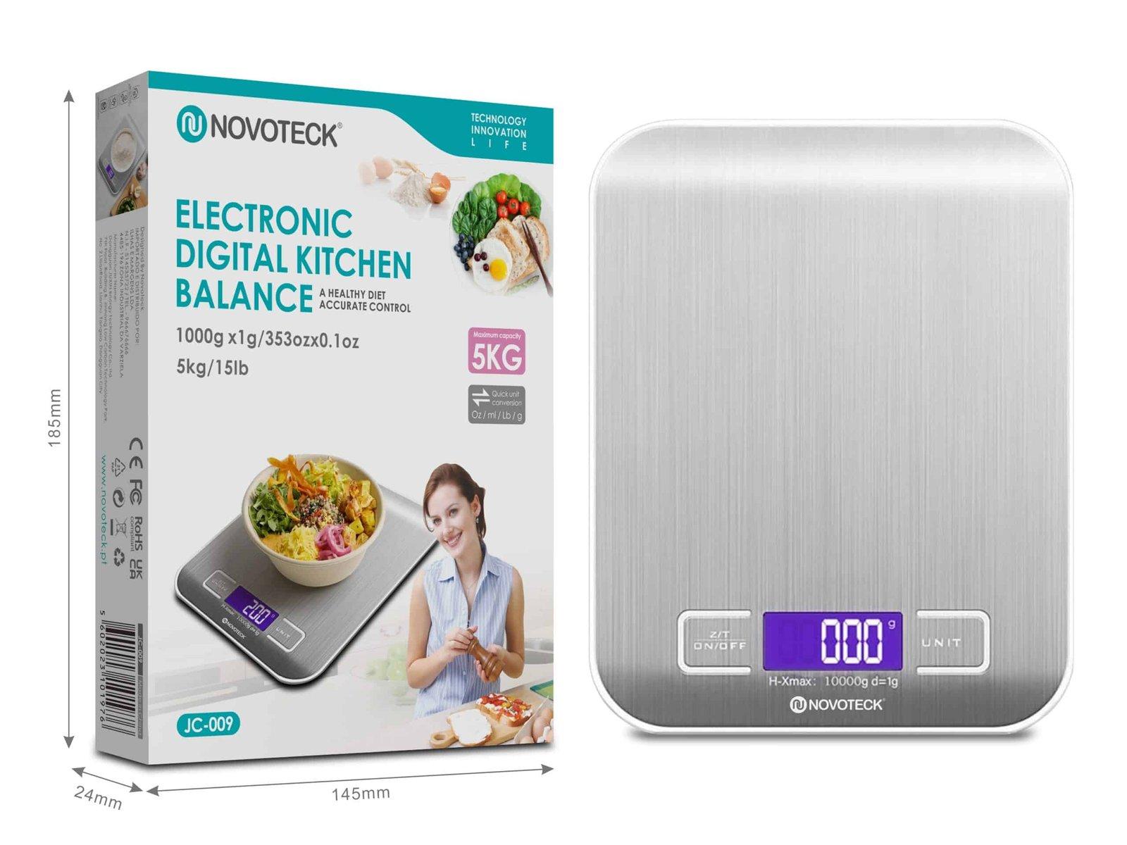 Balança de Cozinha Digital Novoteck JC-009 - Alta Precisão, Design em Aço Inoxidável, Capacidade de 5 kg/15 lb