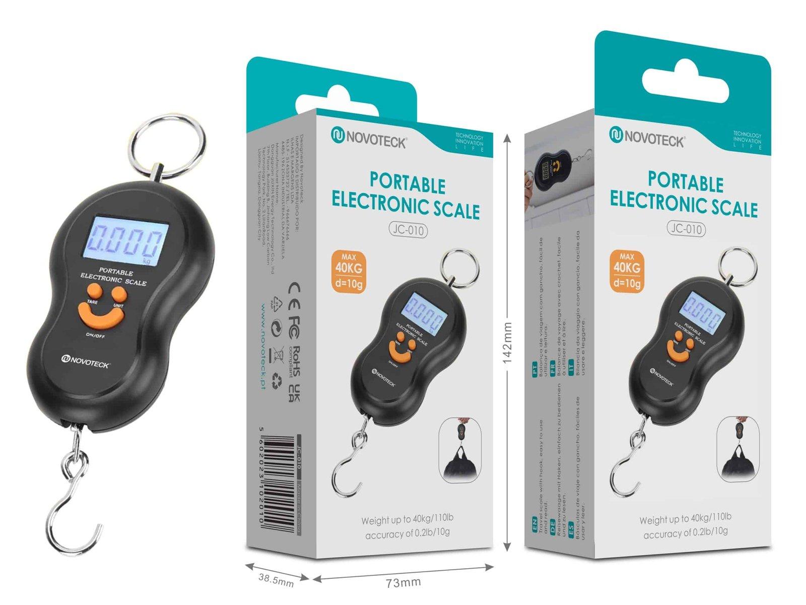 Balança Portátil Eletrônica Novoteck JC-010 - Capacidade 40kg, Precisão 10g, Display LCD, Gancho de Aço, Ideal para Viagem e Pesca