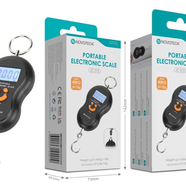 Balança Portátil Eletrônica Novoteck JC-010 - Capacidade 40kg, Precisão 10g, Display LCD, Gancho de Aço, Ideal para Viagem e Pesca