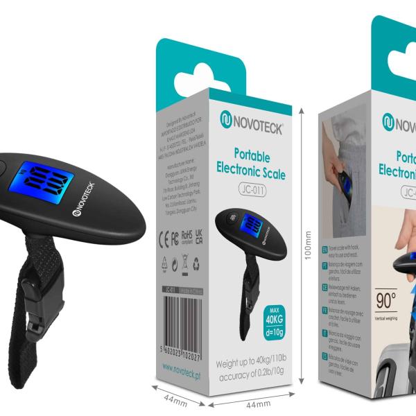 Balança Portátil Eletrônica Novoteck JC - 011 - Capacidade 40kg, Precisão 10g, Display LED Azul, Gancho de Aço