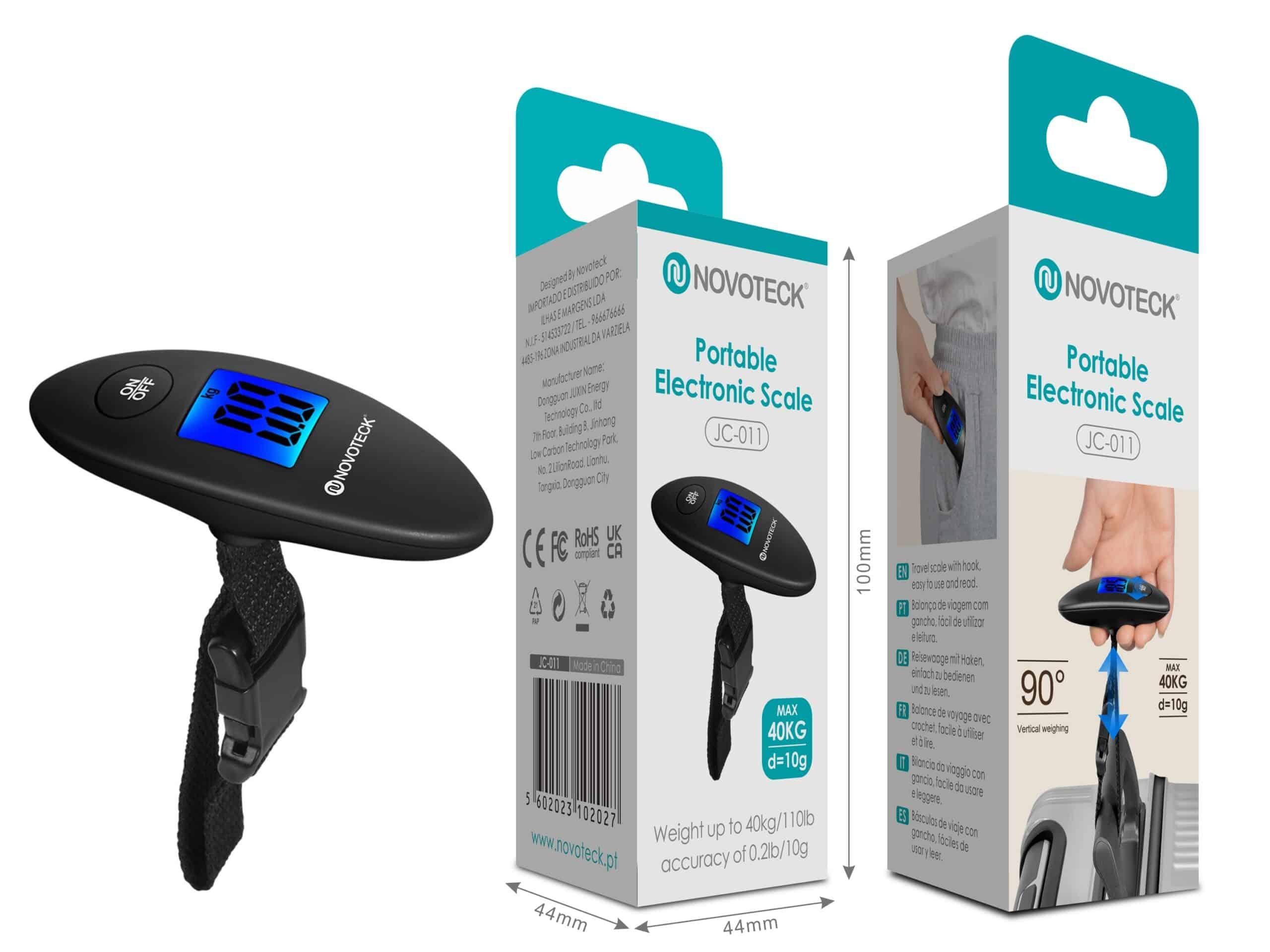 Balança Portátil Eletrônica Novoteck JC - 011 - Capacidade 40kg, Precisão 10g, Display LED Azul, Gancho de Aço