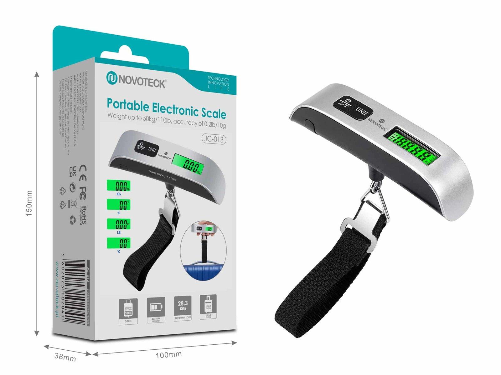 Balança Digital Portátil Novoteck JC-013 – Capacidade 50kg, Precisão 10g, Display LED, Função Tara, Sensor de Temperatura, Design Ergonômico