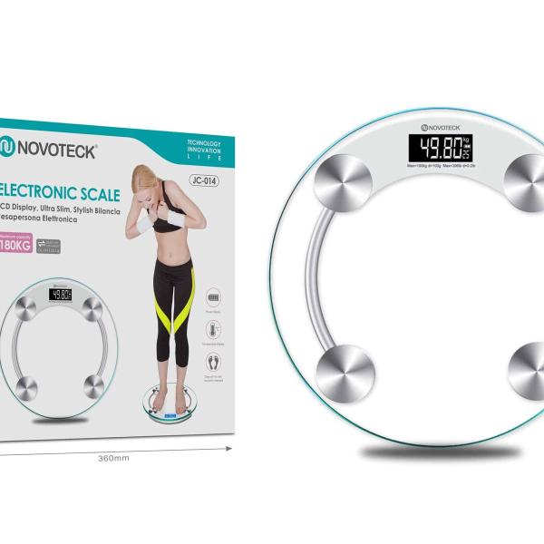 Balança Eletrônica Digital Novoteck JC-014 – Capacidade 180kg, Precisão 100g, Display LCD, Design Ultrafino, Vidro Temperado