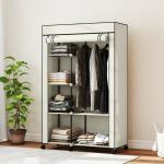 Roupeiro de Tecido Dobrável com 6 Prateleiras 1 Barra de Pendurar e Rodas para Dormitório Vestidor 103x43x162,5 cm Creme