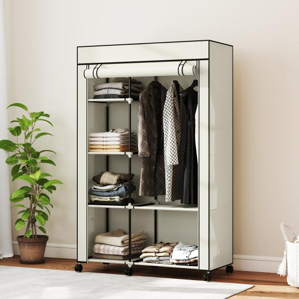 Roupeiro de Tecido Dobrável com 6 Prateleiras 1 Barra de Pendurar e Rodas para Dormitório Vestidor 103x43x162,5 cm Creme