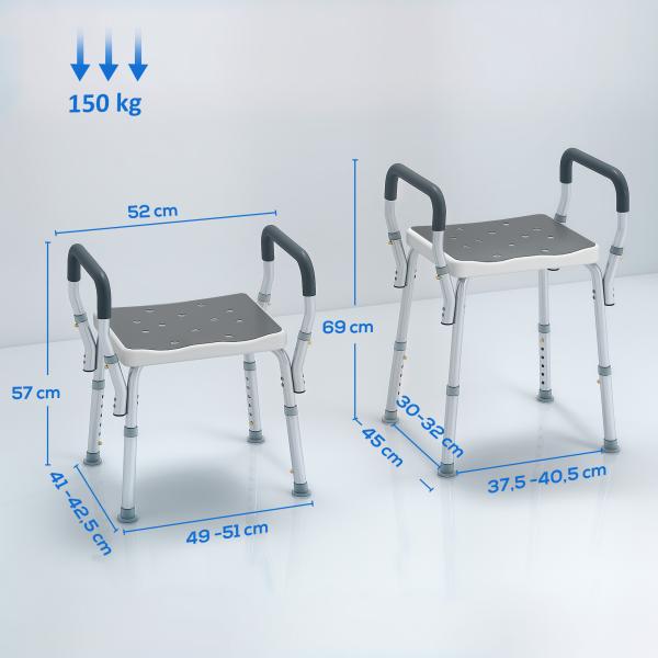 Banco de Duche com Altura Ajustável Banco de Duche de Alumínio Antiderrapante para Idosos e Descapacitados 52x45x57 - 69 cm Cinza