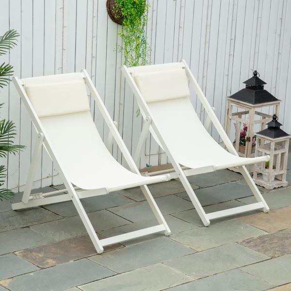 Conjunto de 2 Espreguiçadeiras Dobráveis de Alumínio com Encosto Ajustável em 5 Posições e Apoio de Cabeça 60x100x85 cm Branco