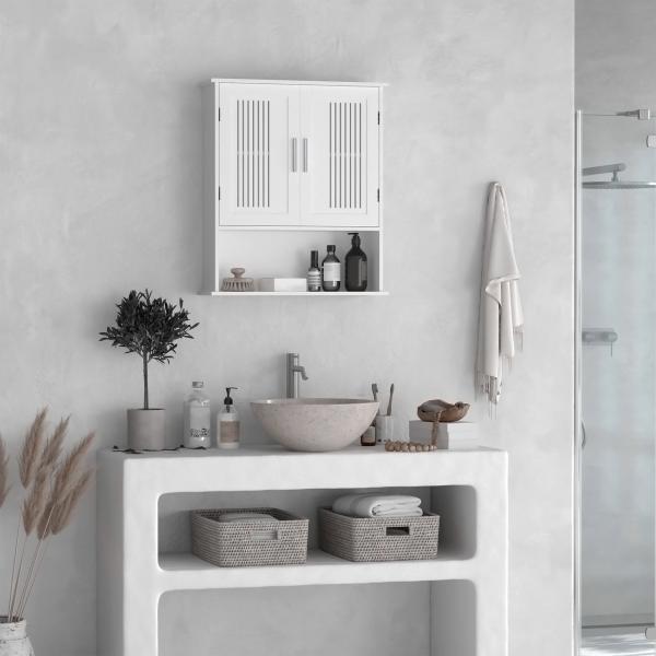 Armário de Parede Casa de Banho com Armazenamento 2 Portas em Ripas Prateleira Ajustável e Compartimento 60x20x70 cm Branco