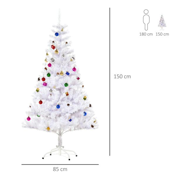 Árvore de Natal Artificial 150cm com 680 Ramos de PVC 48 Decorações Incluidas Decoração de Natal Φ85x150cm Branco