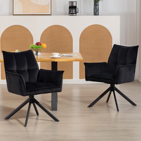 Conjunto de 2 Cadeiras de Refeição Giratórias 360° Estofado Estofamento em Veludo Pés em Aço 63x64x85 cm Preto