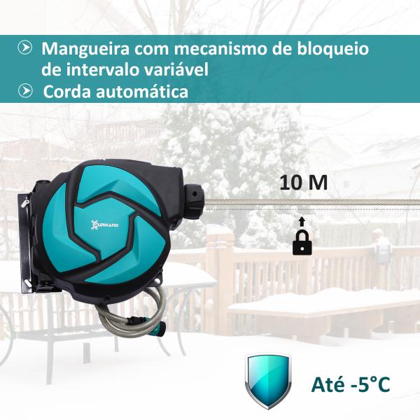 Enrolador de mangueira retrátil 10m com cabeça multifuncional Sistema de enrolamento automático com trava Conector de 1m para gramado de jardim 29,5x16,5x33cm Preto e verde