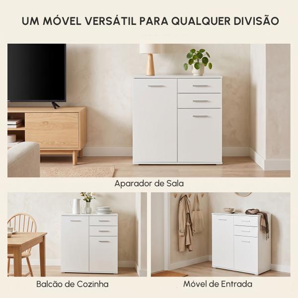 Armário Aparador Multiuso com Portas e Gavetas Amplo Espaço de Armazenamento para Sala de Estar 71x35x76cm Branco