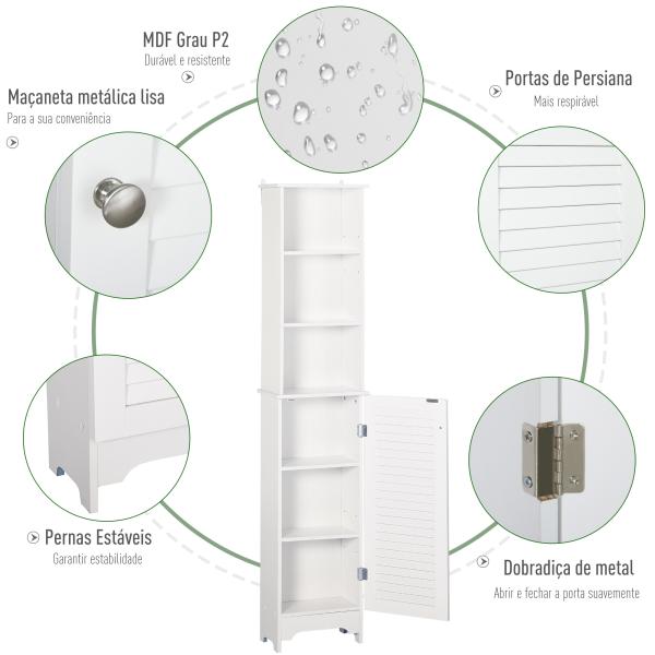 Coluna Casa de Banho com 1 Porta 3 Prateleiras Abertas e Prateleira Interior Ajustável 34x20x165cm Branco