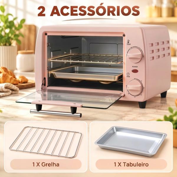 Forno Elétrico de Bancada 10 L 750 W com Temperatura até 230 °C e Temporizador 36,5x26x22 cm Rosa
