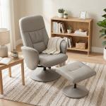 Cadeira Relax Reclinável com Otomana Encosto Alto Giratória 360° Apoios de Braços Bege Cinzento