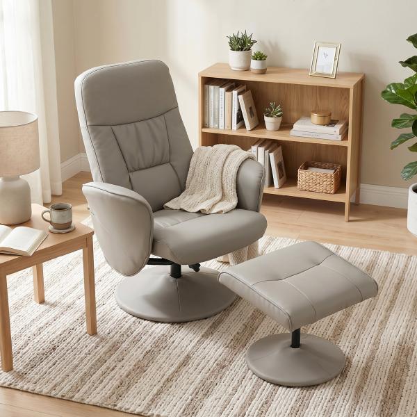 Cadeira Relax Reclinável com Otomana Encosto Alto Giratória 360° Apoios de Braços Bege Cinzento