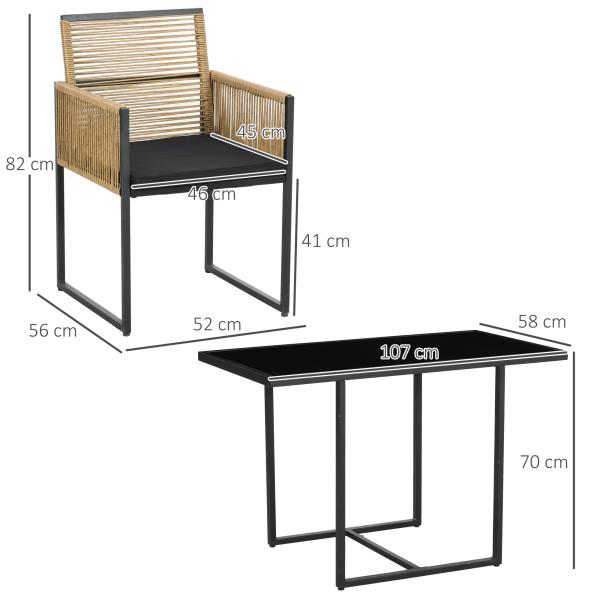 Conjunto de 3 Peças de Jardim com 2 Cadeiras de Vime com Encosto Dobrável e Almofadas e Mesa de Vidro Natural e Preto