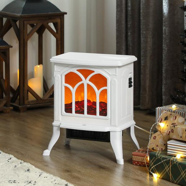 Lareira Elétrica 750/1500 W Lareira Decorativa com 2 Níveis de Potência Efeito Chama Área de Cobertura 15 - 20 m² 37,3x23,1x44 cm Branco