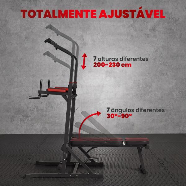 Estação de Musculação Dobrável com Barra de Elevações, Altura Ajustável e Banco Reclinável, Preto e Vermelho