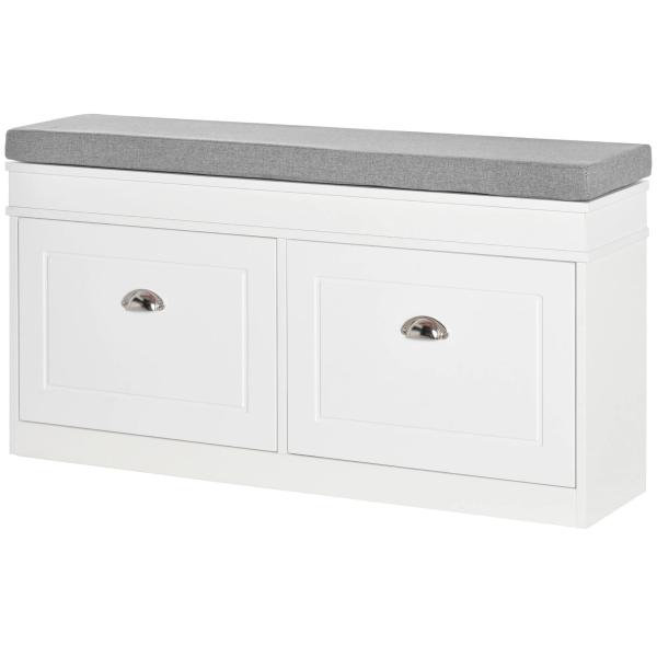 Banco Sapateira com Armazenamento para 8 Pares de Sapatos com 2 Gavetas Prateleiras Ajustáveis e Almofada 104x24x55cm Branco