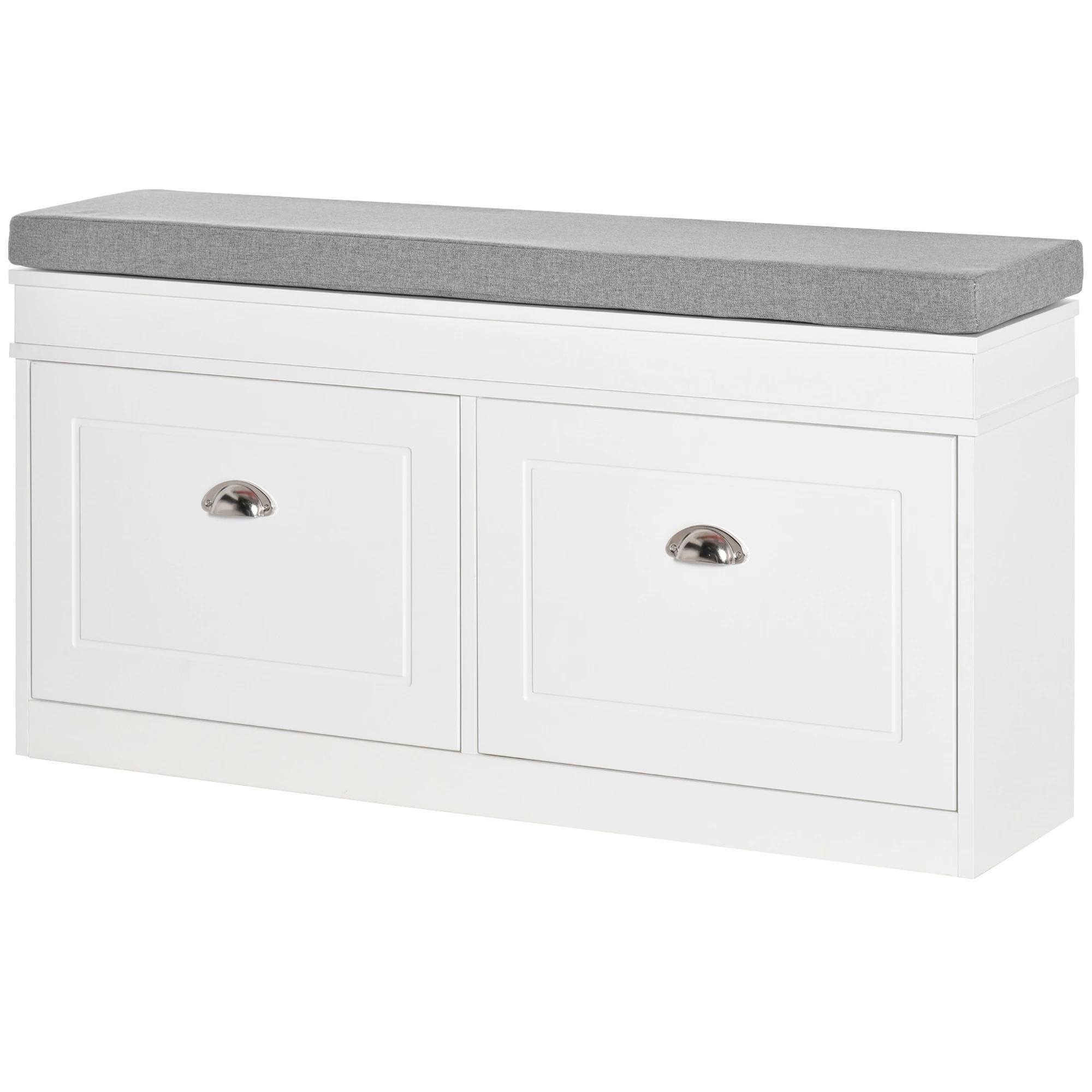 Banco Sapateira com Armazenamento para 8 Pares de Sapatos com 2 Gavetas Prateleiras Ajustáveis e Almofada 104x24x55cm Branco