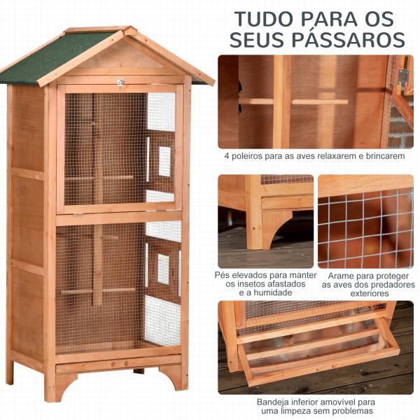 Gaiola para Pássaros de Madeira com 3 Portas 4 Poleiros Bandeja Amovível e Teto Asfáltico 80,5x57x153 cm Natural