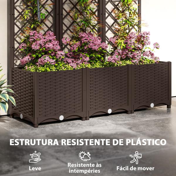 Floreira com Treliça de PP com Drenagem e Amplo Espaço para Plantas Trepadoras Vaso com Suporte para Jardim 120x40x135 cm Marrom