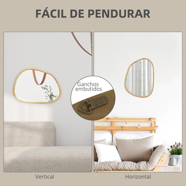 Espelho de Parede Decorativo 70x50 cm com Forma Irregular e Moldura de Madeira para Sala Entrada Horizontal ou Vertical Natural