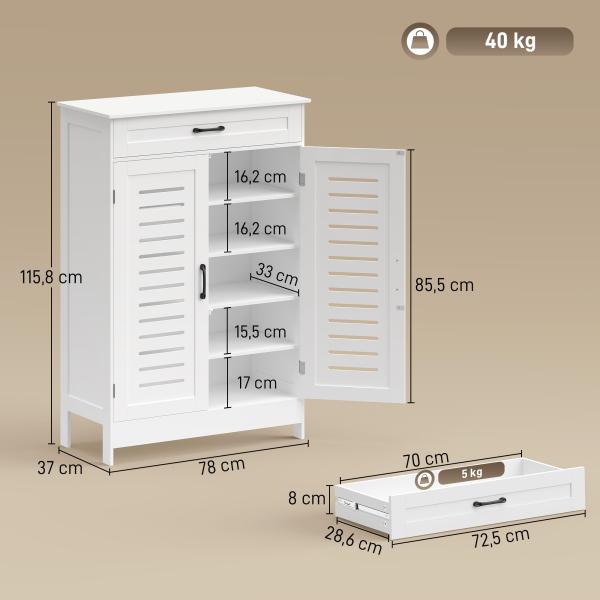 Sapateira Armário para Sapatos com Gaveta Portas de Grade Prateleiras Ajustáveis para 20 Pares de Sapatos 78x37x115,8 cm Branco