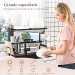 Escorredor de Louça de Aço de 2 Níveis com Suporte para Tábua Suporte para Talheres e 5 Ganchos 65x31,5x52,5cm Preto